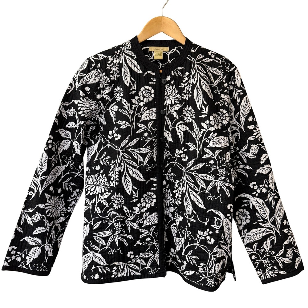 Pour Elle Reversible Quilted Floral Jacket Black White Button Front Size Medium